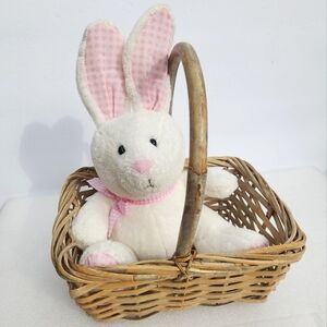 Plush Pink Gingham Easter Bunny in Vintage Wicker Basket